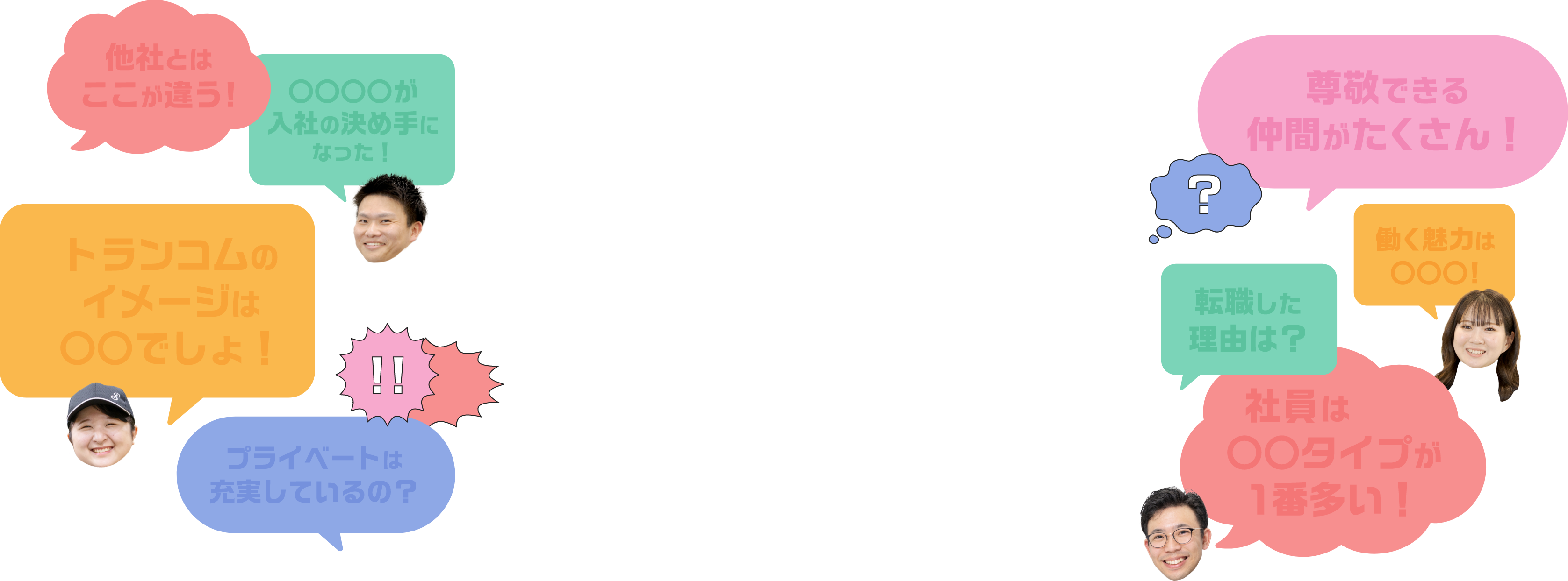 他社とはここが違う!〇〇〇〇が入社の決め手になった！トランコムのイメージは〇〇でしょ！プライベートは充実しているの？尊敬できる仲間がたくさん！働く魅力は〇〇〇!転職した理由は？社員は〇〇タイプが1番多い！